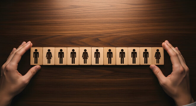 Hands arrange wooden blocks with people icons, visualizing team building - Powered by Adobe