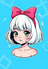 Charming anime girl with a pink bow and captivating eyes against a vibrant blue backdrop perfect for social media and creative projects