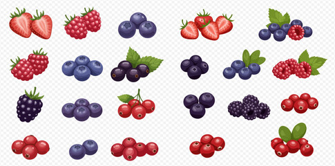 A collection of various berries including strawberries, raspberries, blueberries, blackberries, and red currants, arranged in small clusters. © ArtLuna Studio
