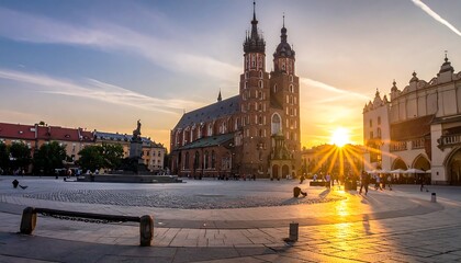 Fototapeta premium Large cathedral at dawn, square view. Vibrant sunrise with buildings in background