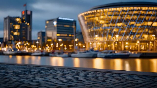 City Skyline at Dusk: The mesmerizing city skyline sparkles at dusk, with building lights casting a warm glow on the water. A captivating urban landscape of architecture and urban design.