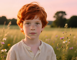 Random photo effect, close-up of a striking red-haired boy looking at the camera on a summer day during golden hour. Sophisticated elegance.