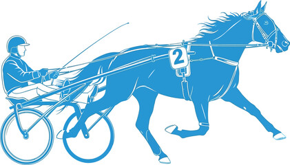 Harness racing driver guides horse pulling sulky in competition