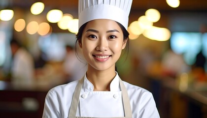 A smiling Asian chef poses in a restaurant kitchen wearing a tall white hat