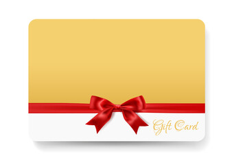 Elegant gold and white gift card with red satin ribbon and bow. Luxury holiday or celebration voucher design. Perfect for Christmas, birthday, anniversary, or special occasion themes.