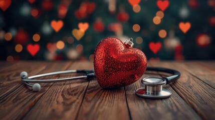 Festive red heart ornament paired with stethoscope on wood. Represents holiday care, medical love, and health awareness.