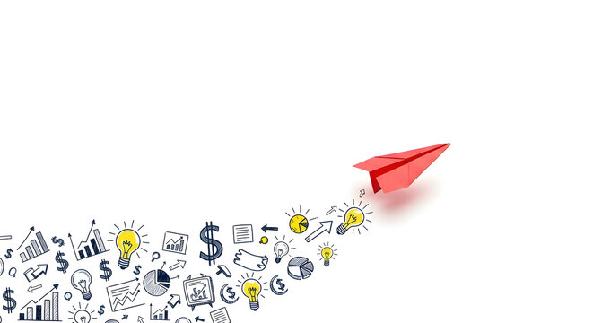 Red paper airplane flies with business ideas, charts, and lightbulbs
