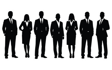 Business People Silhouette Vector Set. Group of Seven Professional Men and Women in Suits Standing in a Line. Concept for Corporate Team, Leadership, and Staff Management.