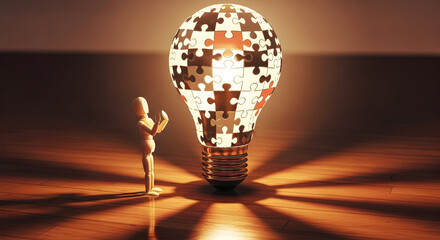 Wooden mannequin marvels at glowing lightbulb puzzle, inspiring new ideas
