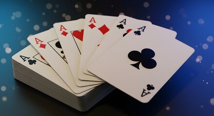 Obraz premium A hand of playing cards, all showing the Ace of each suit, fanned out above a deck