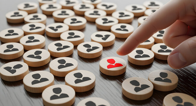 Hand selecting unique individual from diverse group for recruitment or team building - Powered by Adobe