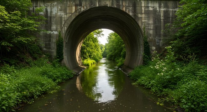 A concrete bridge arch spans a shaded stream, revealing a vibrant sunlit corridor ahead