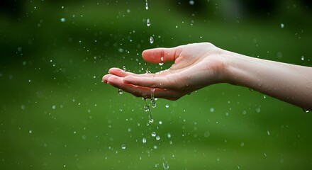 A hand outstretched, catching water drops against a blurred green background, a natural scene