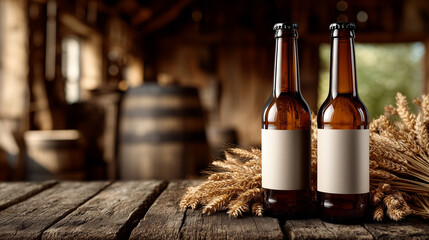 pair of craft beer bottles with blank label on wooden table with barley ears in barn shed interior