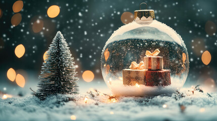 Clear glass ornament containing a small snow-dusted Christmas tree with twinkling lights and wrapped gifts, resting on delicate fresh snow, conveying a serene winter holiday atmosphere