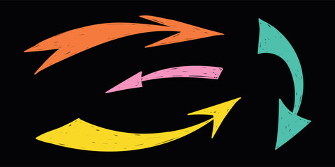 Hand drawn crayon movement arrow collection. Grunge squiggly arrow set. Pencil chalk lines sketch. Color brush scribble element set. Doodle vector illustration.