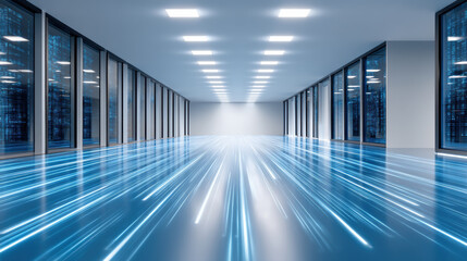 High tech server room corridor data center industrial futuristic sleek floor light trails conveying speed and connectivity with reflective glass