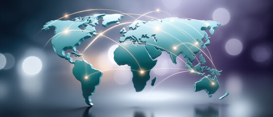 High tech global network industrial connectivity map showing data links and glowing nodes across continents conveying fast digital communication