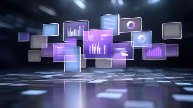 High tech industrial data dashboard floating panels display analytics and charts in futuristic interface conveying innovation and dynamic insight - Powered by Adobe