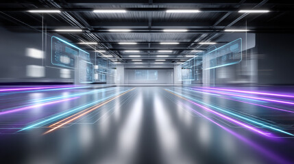 Fototapeta premium High tech industrial futuristic interior with glowing light trails and holographic displays creating energetic modern atmosphere