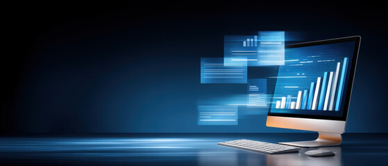 High tech industrial desktop computer displaying glowing analytics dashboard with floating data panels and motion blur conveying innovation