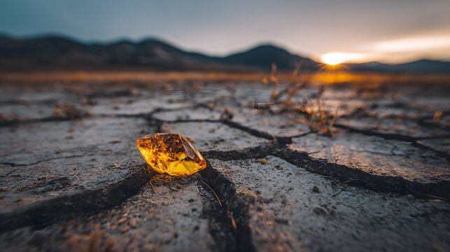 Gemstone rests on dry cracked earth at sunset.