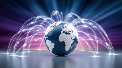 High tech global network connection industrial digital globe with glowing data arcs and dynamic light rays conveying innovation and connectivity