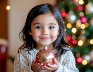 Child holding a shiny Christmas ornament, soft indoor light, warm expression