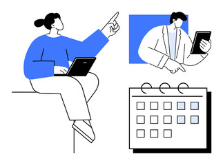 Two individuals collaborate using a laptop and tablet while highlighting calendar elements. Ideal for teamwork, scheduling, time management, productivity, remote work, collaboration, and planning