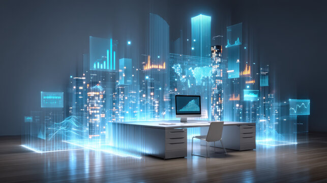 High tech industrial futuristic office with holographic city data visualization and glowing analytics display creating inspired productive
