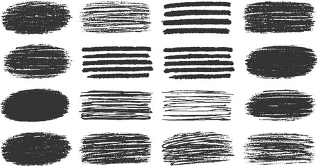 Collection of dark textured brush strokes and lines on a white background