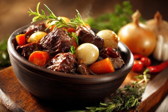 Hearty Beef Stew with carrots onions garlic herbs and baby onions in a rustic black bowl on wooden table for comfort food and wholesome meal - Powered by Adobe