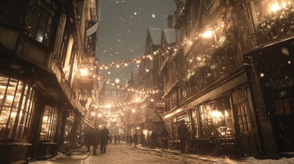 Snowy evening on a charming street adorned with festive lights.