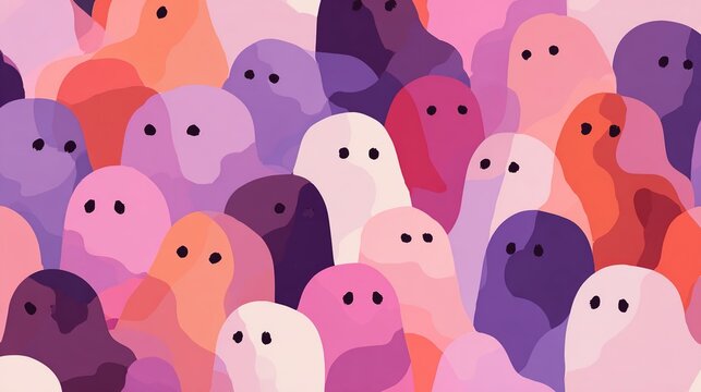 Seamless Pattern with Cute Ghost Digital Illustrations: Bold Pink/Purple/Orange Hues, Simple-Shaped Faces, Minimalist Pastel Vector Graphic Style, Symmetrical Composition (High-Res) for Decor