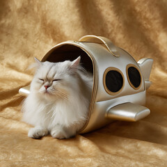 Fluffy White Persian Cat Relaxing Inside a Silver Airplane Pet Carrier with Closed Eyes on a Golden Fabric Background