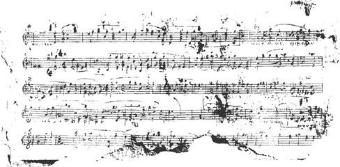 Aged musical score with torn edges and ink smudges on white paper. © appl