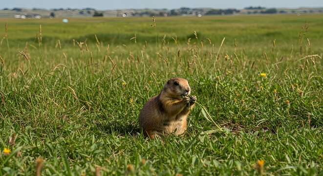 A prairie dog sits and eats vegetation in a sunny, vast grassy field
