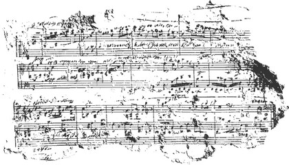 A black and white image of a torn antique musical score with handwritten notes and symbols on a white background. © appl