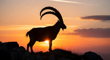 Majestic ibex silhouette against a vibrant sunset sky on a rocky mountain peak