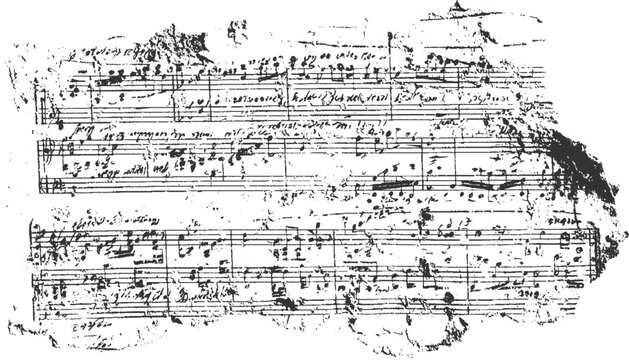 A black and white image of a torn antique musical score with handwritten notes and symbols on a white background.
