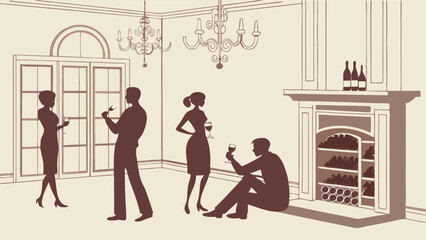Sophisticated Guests Enjoying Wine at Elegant Party in Luxury Room Silhouette Illustration