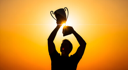 Silhouette of a person triumphantly raising a trophy against a brilliant sunset, symbolizing achievement and victory.