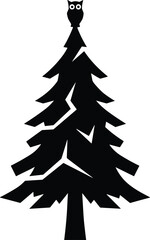Obraz premium Tall pine tree silhouette with perched owl, layered branches, minimal black nature art, forest wildlife vector, striking contrast design, simple natural scene illustration