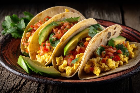 Delicious and colorful breakfast tacos filled with scrambled eggs, fresh avocado slices, diced tomatoes, and herbs on a rustic wooden serving plate - Powered by Adobe