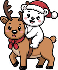 Obraz premium Cute Bear Riding Reindeer illustration, kawaii winter Clipart, winter holiday Sublimation, winter season Graphic 