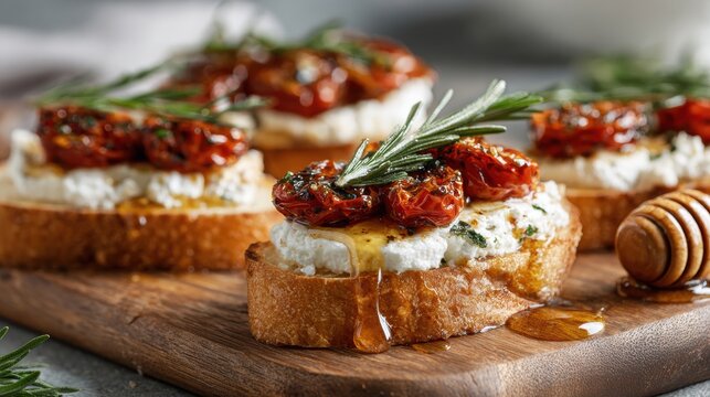 Delicious appetizer with toasted bread slices topped with creamy cheese sun-dried tomatoes fresh rosemary honey and olive oil served on wooden platter
