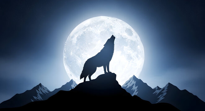 Majestic wolf silhouetted against a luminous full moon atop a mountain peak under a starry night sky.