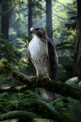 Majestic Hawk Perched on Mossy Branch in Misty Forest with Sunbeams