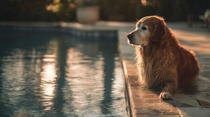 Golden retriever dog relaxing beside a sparkling swimming pool at sunset.