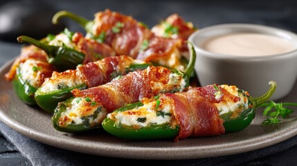 Spicy jalape?o poppers stuffed with cheese wrapped in bacon served on a dark plate with a dipping sauce and garnished with fresh herbs for appetizer or snack